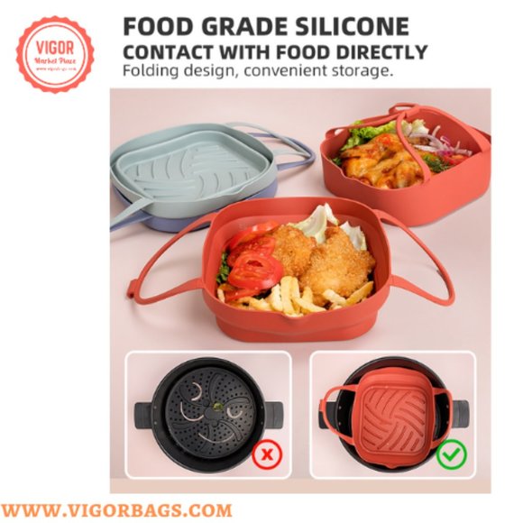 Silicone Non Stick Round Basket with Handles & 8 inch Basket Silicone Mat With H - Picture 4 of 14